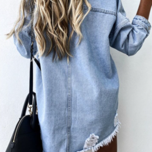 Long-Sleeved Women's Ripped Denim Shirt