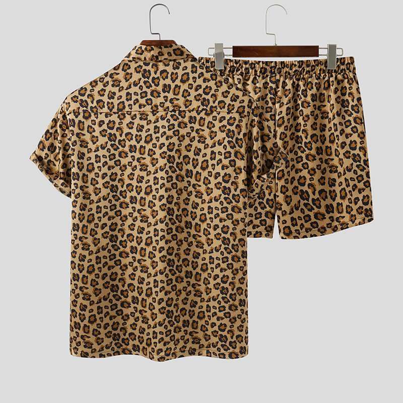 Leopard Printed Lapel Short Sleeve Summer Sets Men