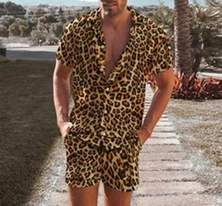 Leopard Printed Lapel Short Sleeve Summer Sets Men