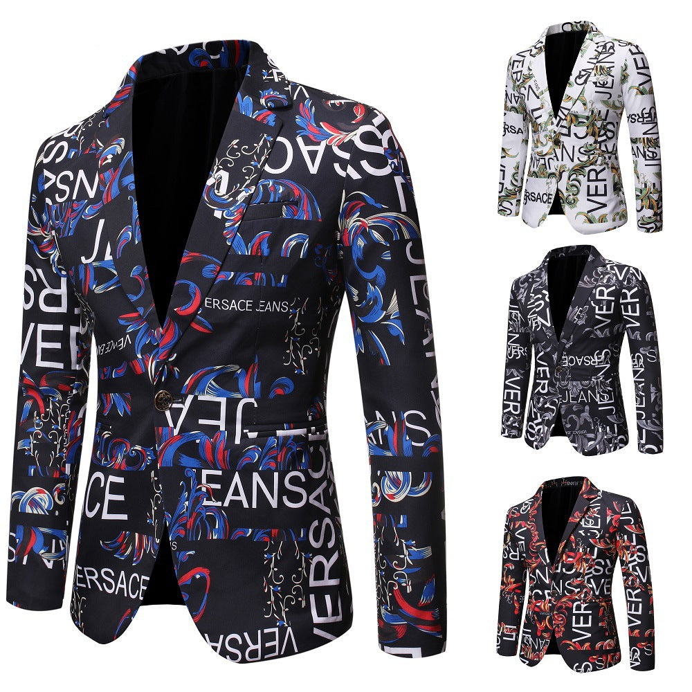 Letter Print Slim Single Suit Men