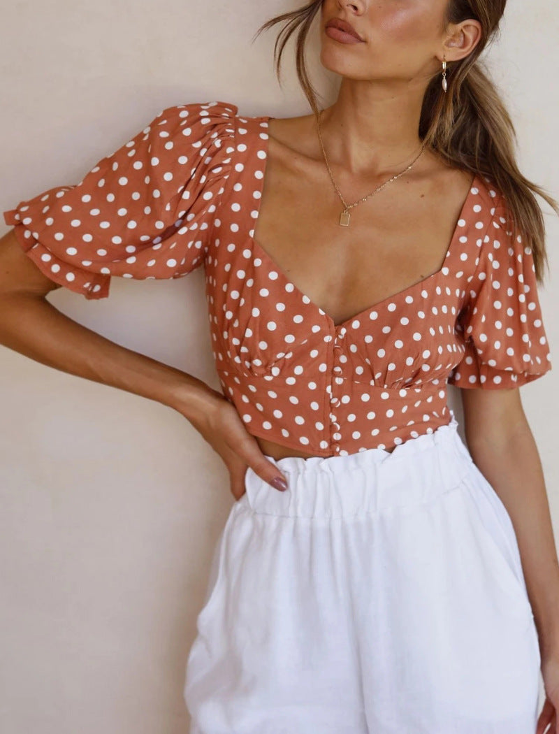 V-Neck Short-Sleeved Thin Polka dots top