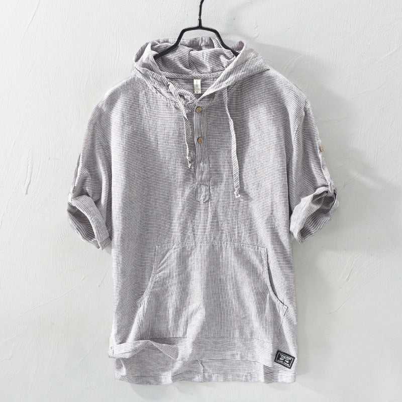 Summer Striped Hooded Cotton And Linen T-Shirt