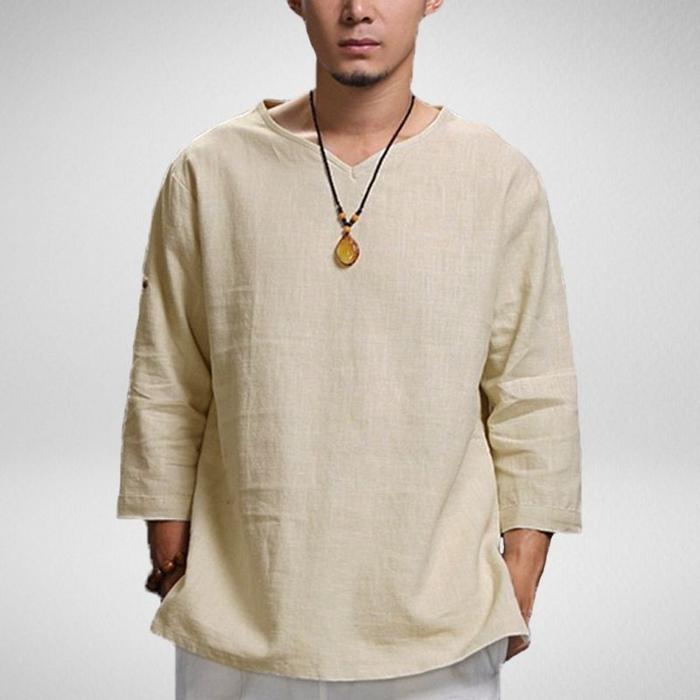 Cotton And Linen Men's Shirt With Pullover