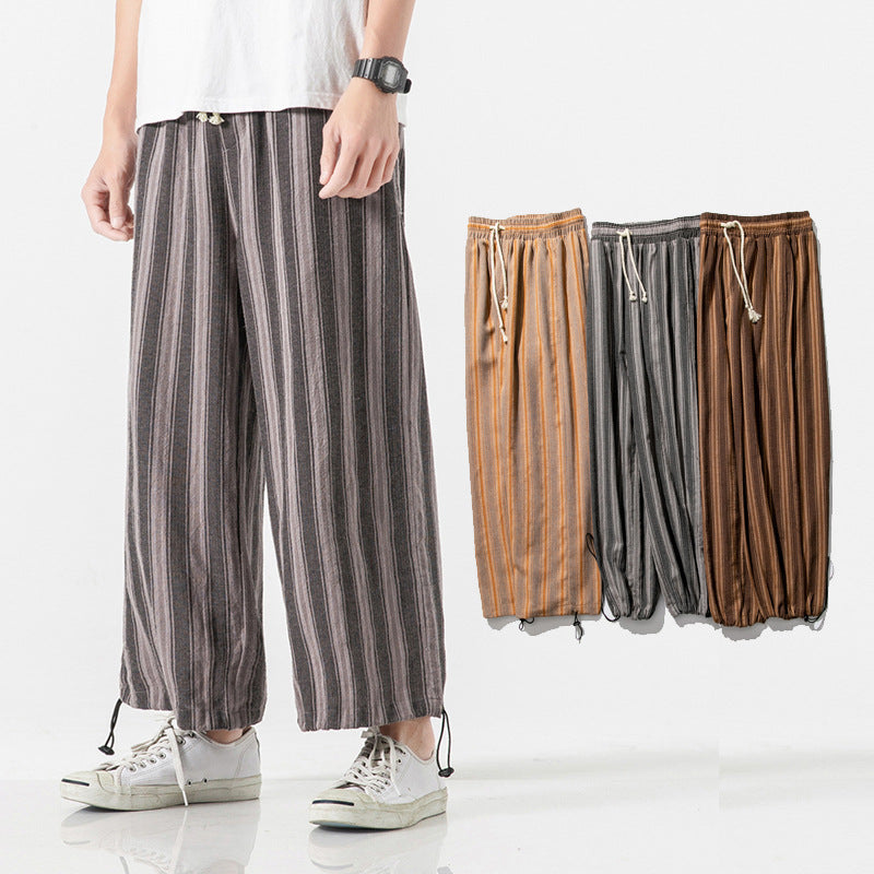 Linen Cropped Trousers Striped Cotton Linen Trousers