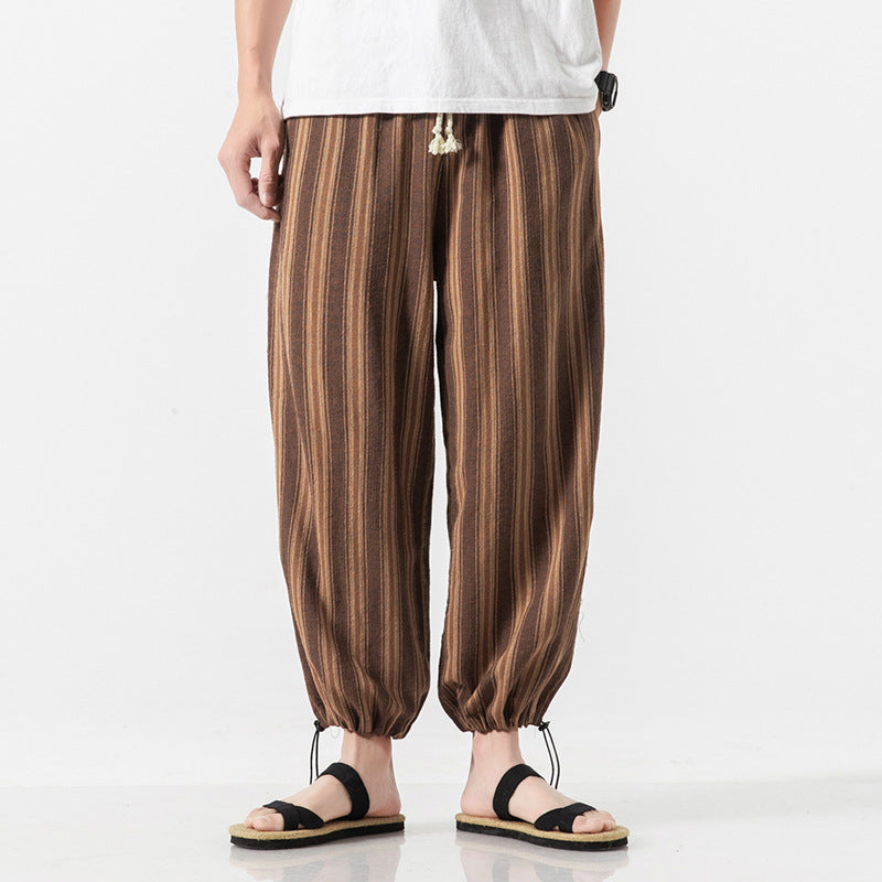 Linen Cropped Trousers Striped Cotton Linen Trousers