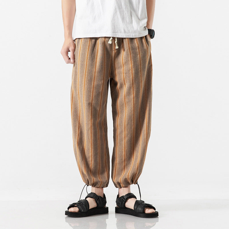 Linen Cropped Trousers Striped Cotton Linen Trousers