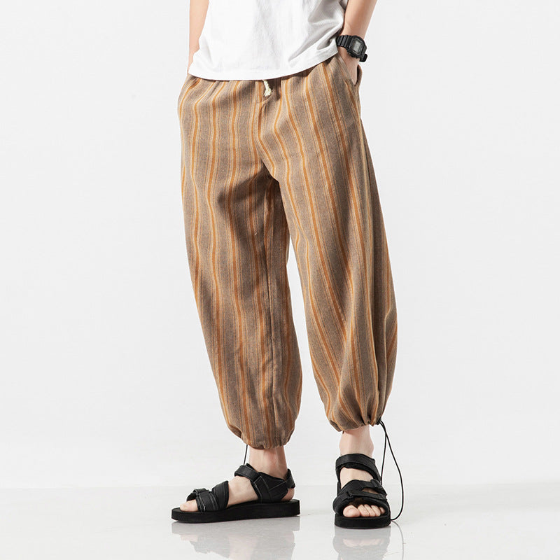 Linen Cropped Trousers Striped Cotton Linen Trousers