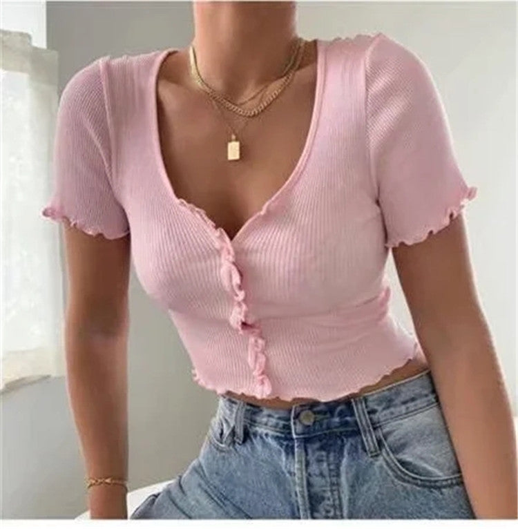 V Neck Ruffles Short Sleeve T Shirt Women