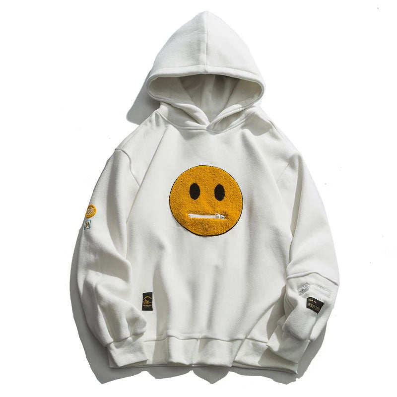 Zipper Pocket Smile Face Patchwork Fleece Hooded Sweatshirt