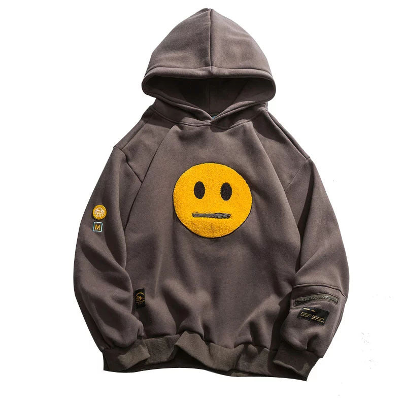 Zipper Pocket Smile Face Patchwork Fleece Hooded Sweatshirt