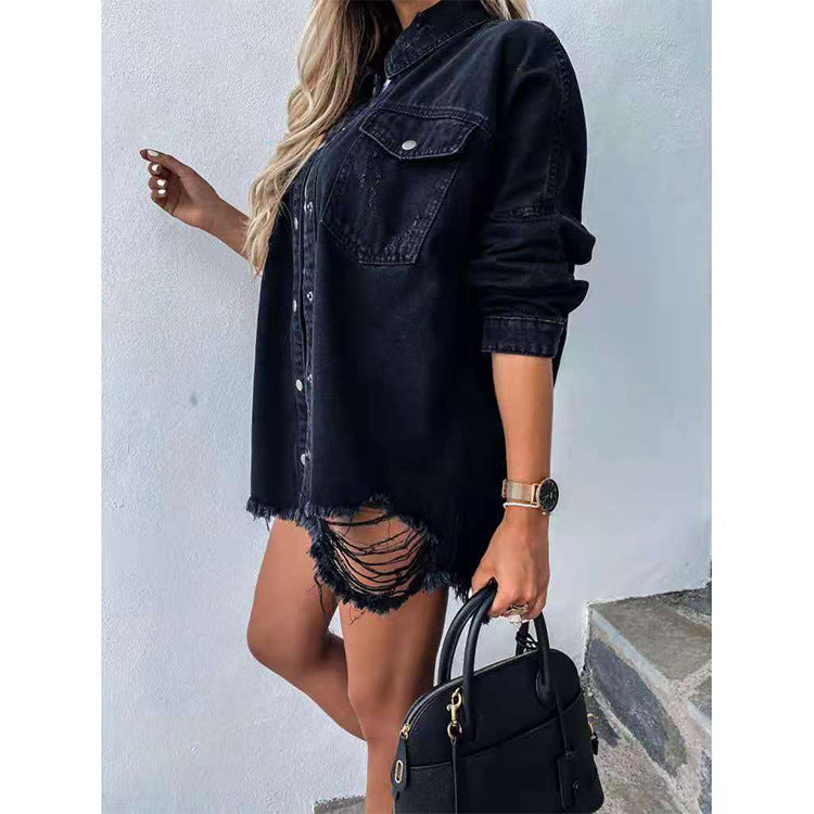 Long-Sleeved Women's Ripped Denim Shirt