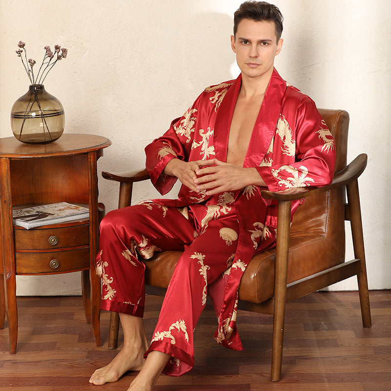 Luxury Silk Robe Pants Pajama Set Two-piece Imitate Silk Long-sleeved Pajamas