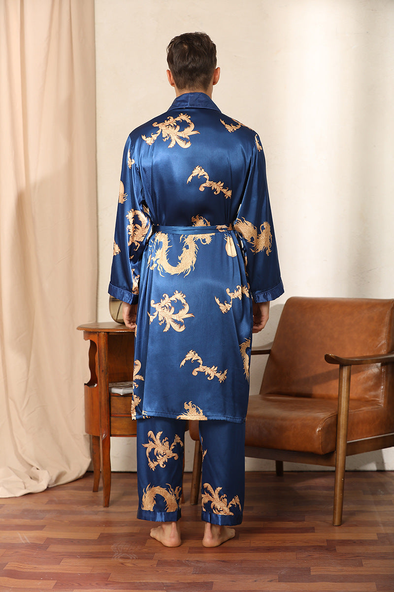 Luxury Silk Robe Pants Pajama Set Two-piece Imitate Silk Long-sleeved Pajamas