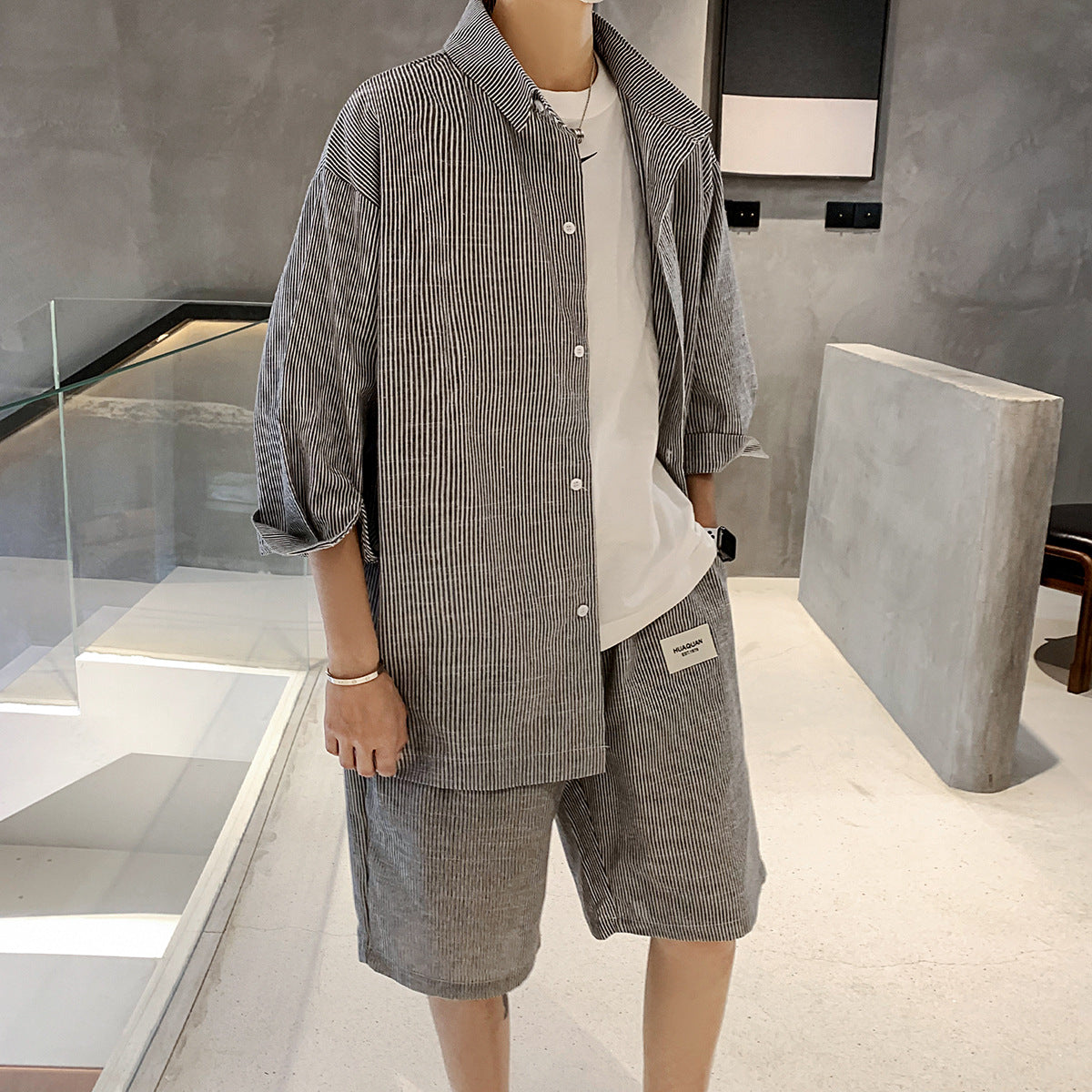 Summer New Striped Shirt Casual Five-point Pants Suit