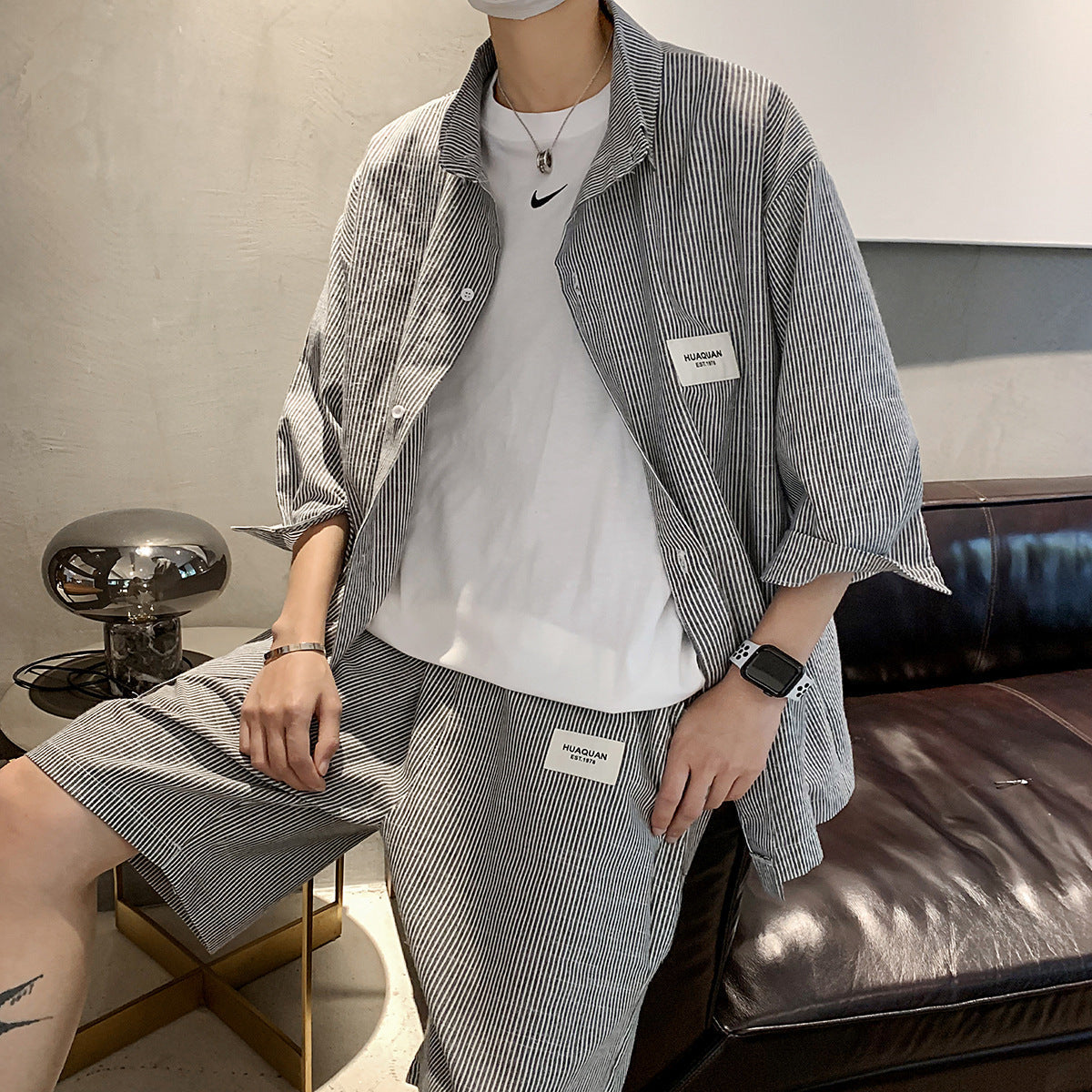 Summer New Striped Shirt Casual Five-point Pants Suit