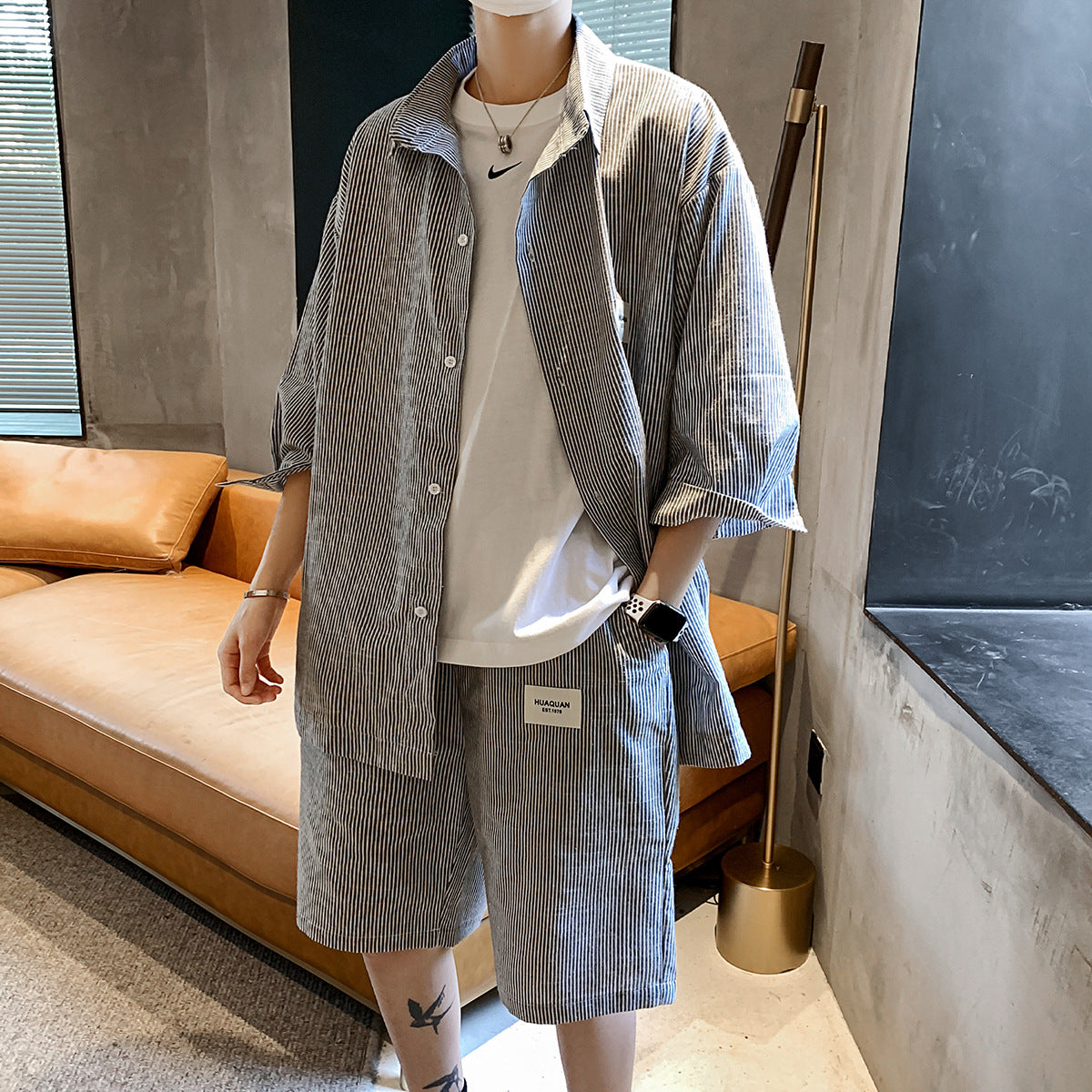 Summer New Striped Shirt Casual Five-point Pants Suit