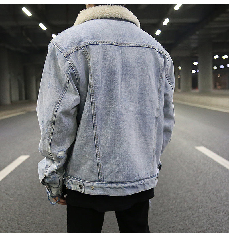 Distressed Damaged Lamb Fur Collar Denim Jacket