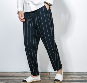 Linen casual loose pants vertical stripes straight trousers male