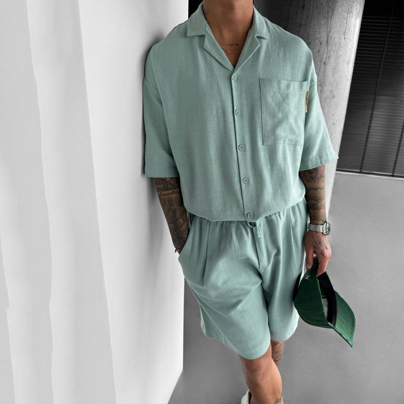 Casual Polo Collar Pocket Design Loose Short Sleeve Shirt Two-piece Set