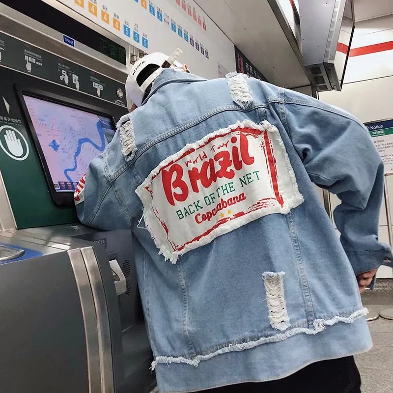 Hole flow wear broken denim jacket