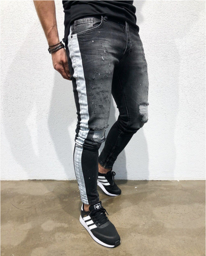 Shredded feet jeans side print jeans men