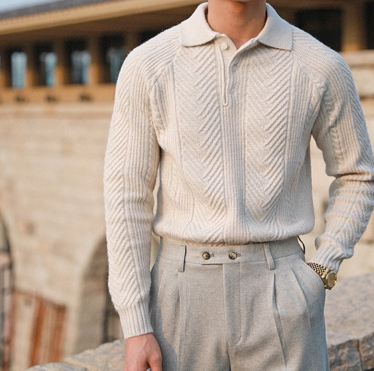 Geometric Patten Knitted Long Sleeve Polo Shirt