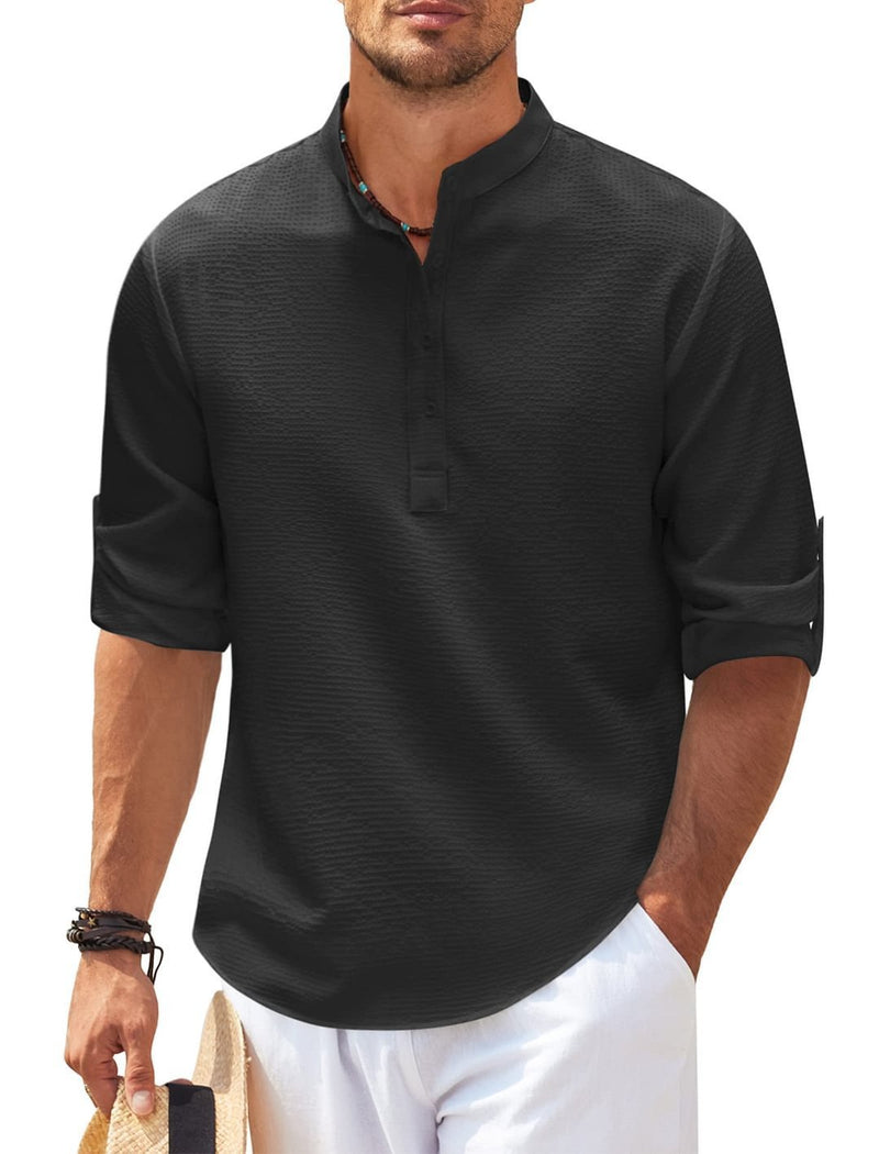 Men's Casual Long Sleeve Stand Collar Solid Color Shirt