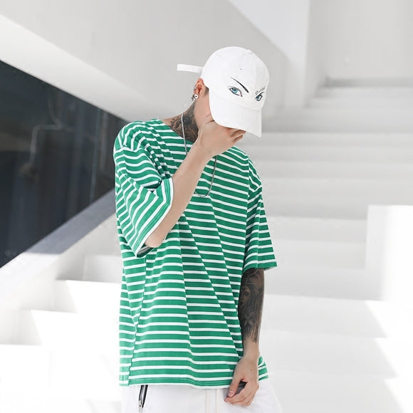 Loose green striped retro wind short sleeve