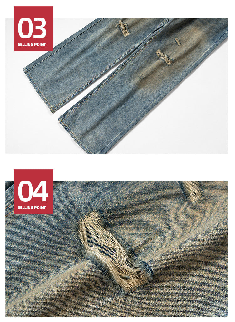 Men's Ripped Washed And Worn Mud Dyed Jeans