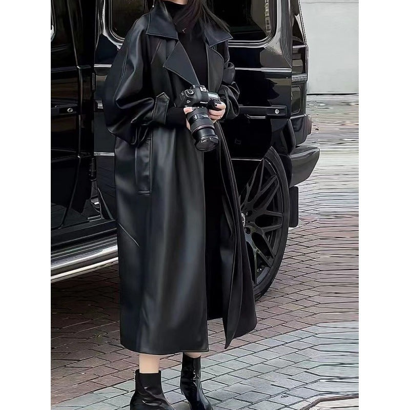 Women's Temperament Long Below The Knee Leather Coat