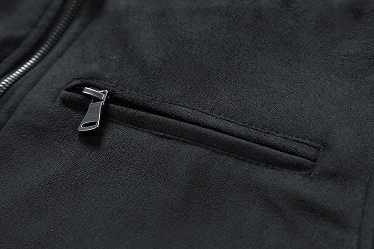 Suede Stand Collar Double Zipper Pocket Jacket