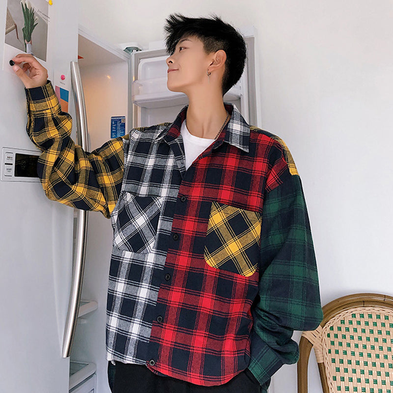 Color-block check long-sleeved shirt