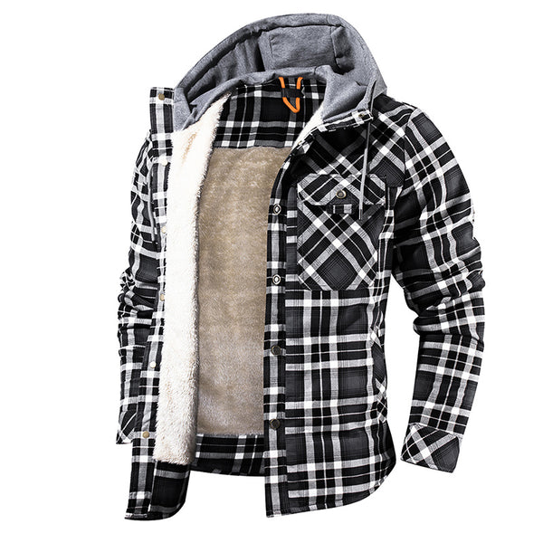Men Warm Fleece Lining Lumberjack Plaid Hooded Jacket