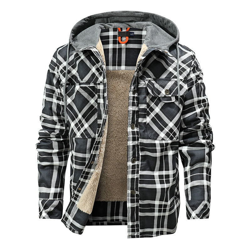 Men Warm Fleece Lining Lumberjack Plaid Hooded Jacket