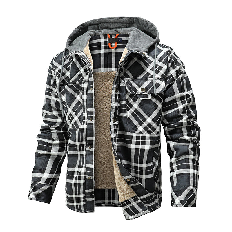 Men Warm Fleece Lining Lumberjack Plaid Hooded Jacket