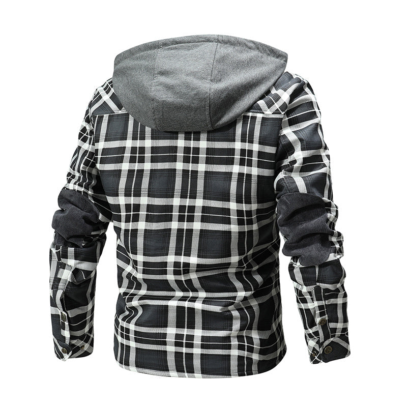 Men Warm Fleece Lining Lumberjack Plaid Hooded Jacket