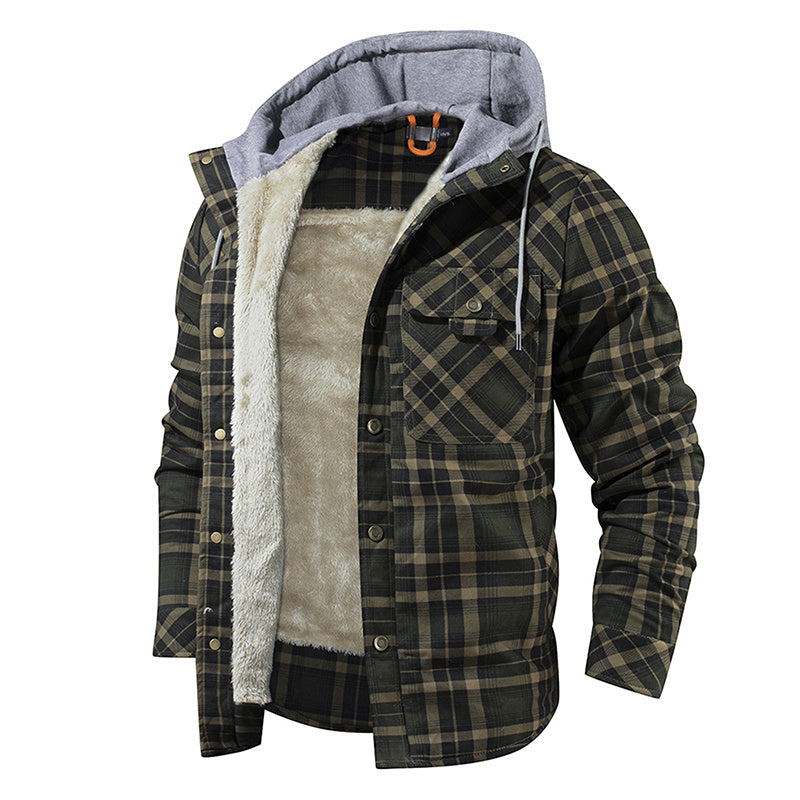 Men Warm Fleece Lining Lumberjack Plaid Hooded Jacket