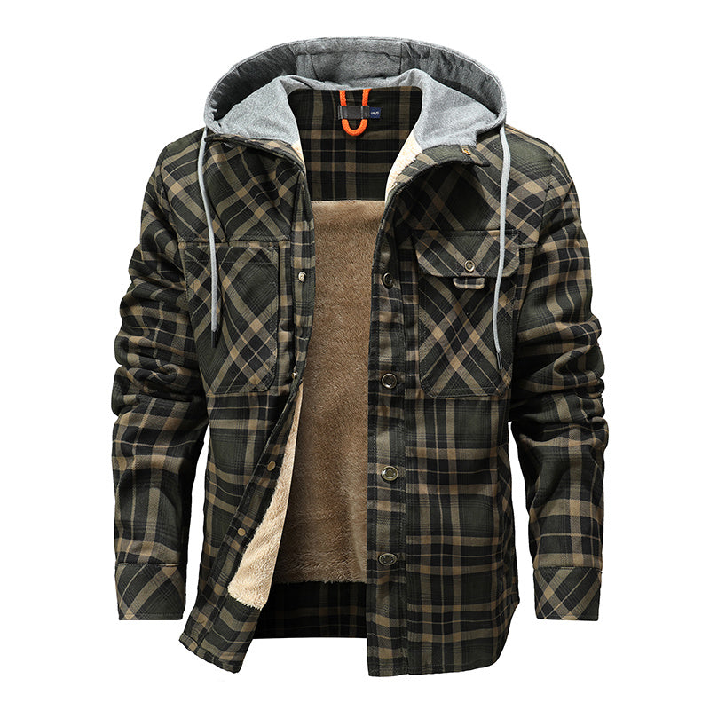 Men Warm Fleece Lining Lumberjack Plaid Hooded Jacket