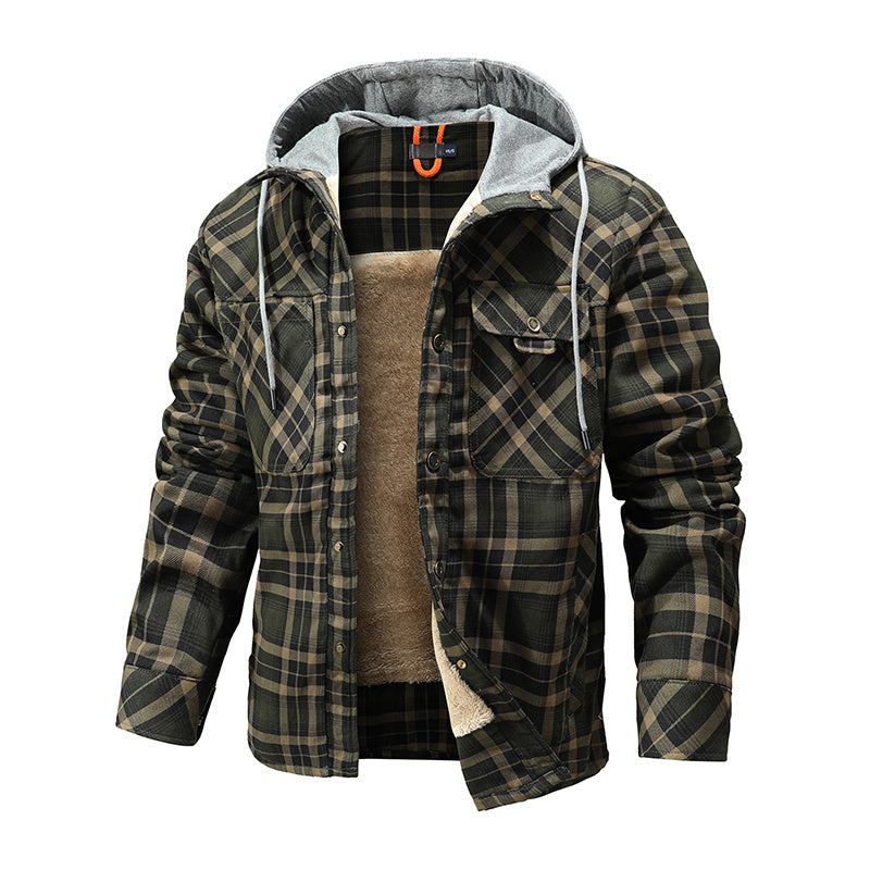 Men Warm Fleece Lining Lumberjack Plaid Hooded Jacket