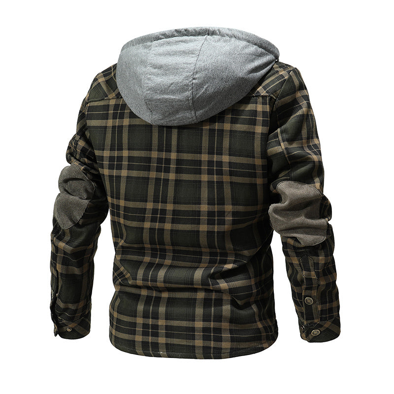 Men Warm Fleece Lining Lumberjack Plaid Hooded Jacket