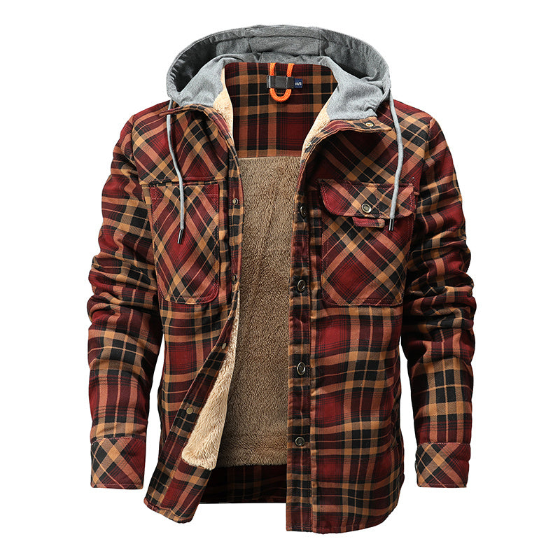 Men Warm Fleece Lining Lumberjack Plaid Hooded Jacket