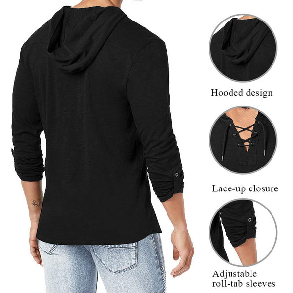 Men's Hooded Tee Long Sleeve Cotton Henley