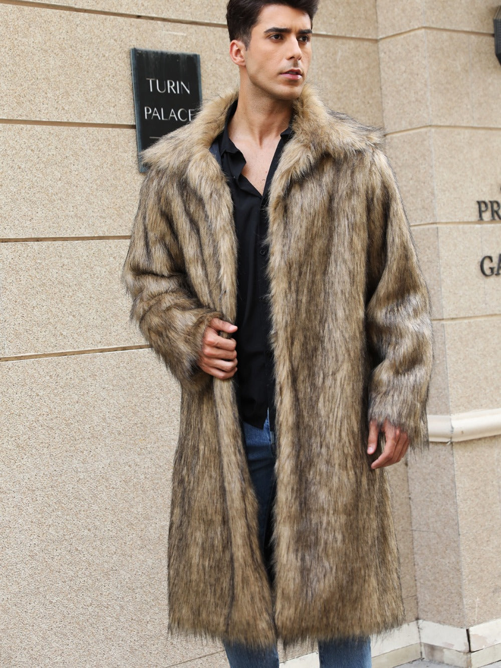 Yellow Lapel Imitation Fox Fur Men's Long Coat