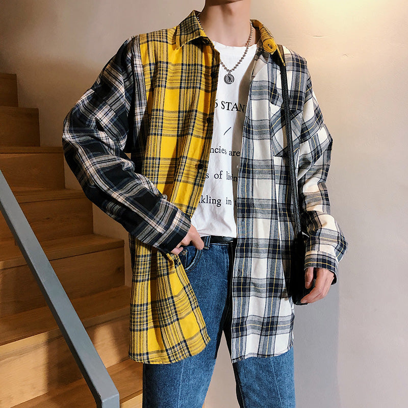 Color-block check long-sleeved shirt