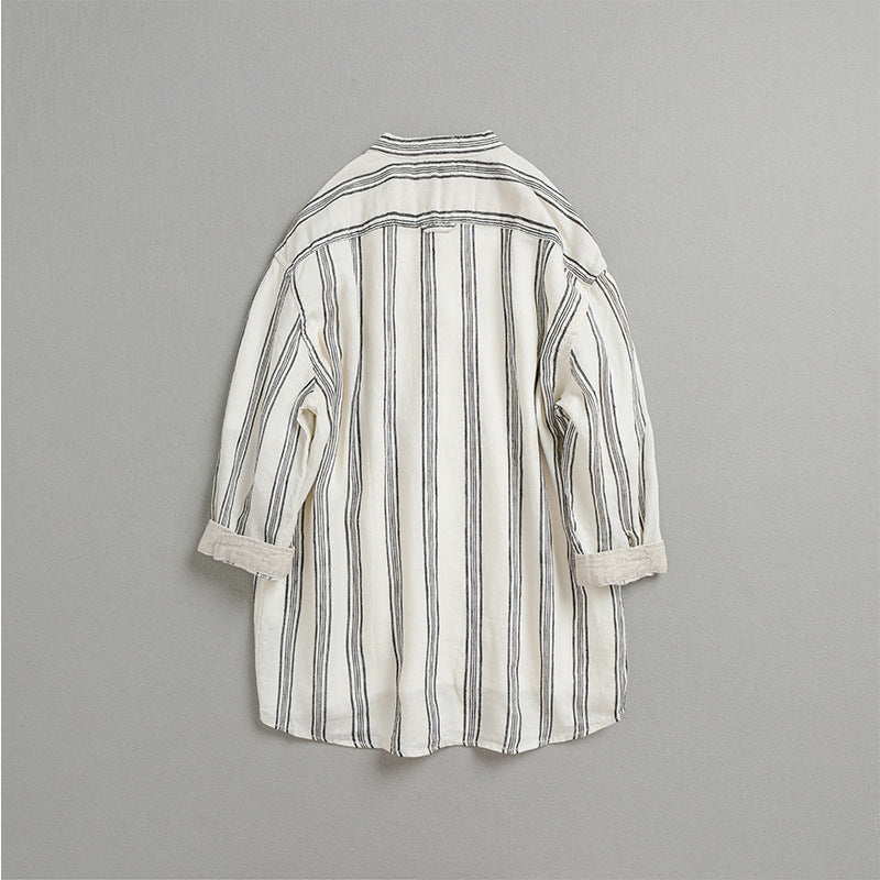 Retro Stand Collar Striped Casual Loose Linen 3/4 Sleeve Shirt