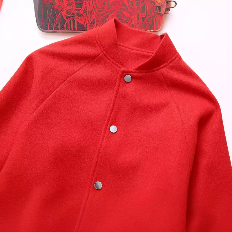 Red Stand-up Collar Casual Woolen Baseball Uniform Jacket