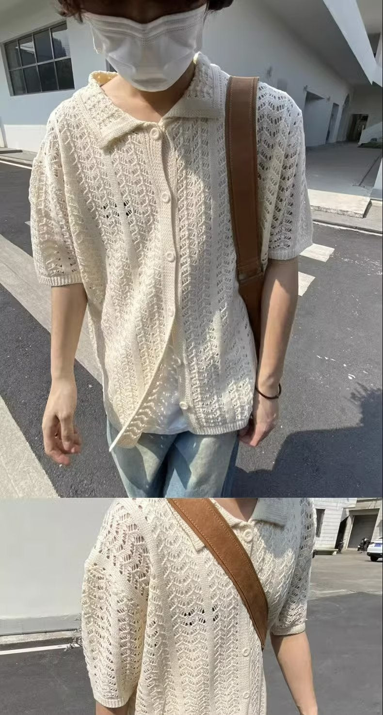 Retro Casual Hollow-out Knitted Shirt Thin Men And Women