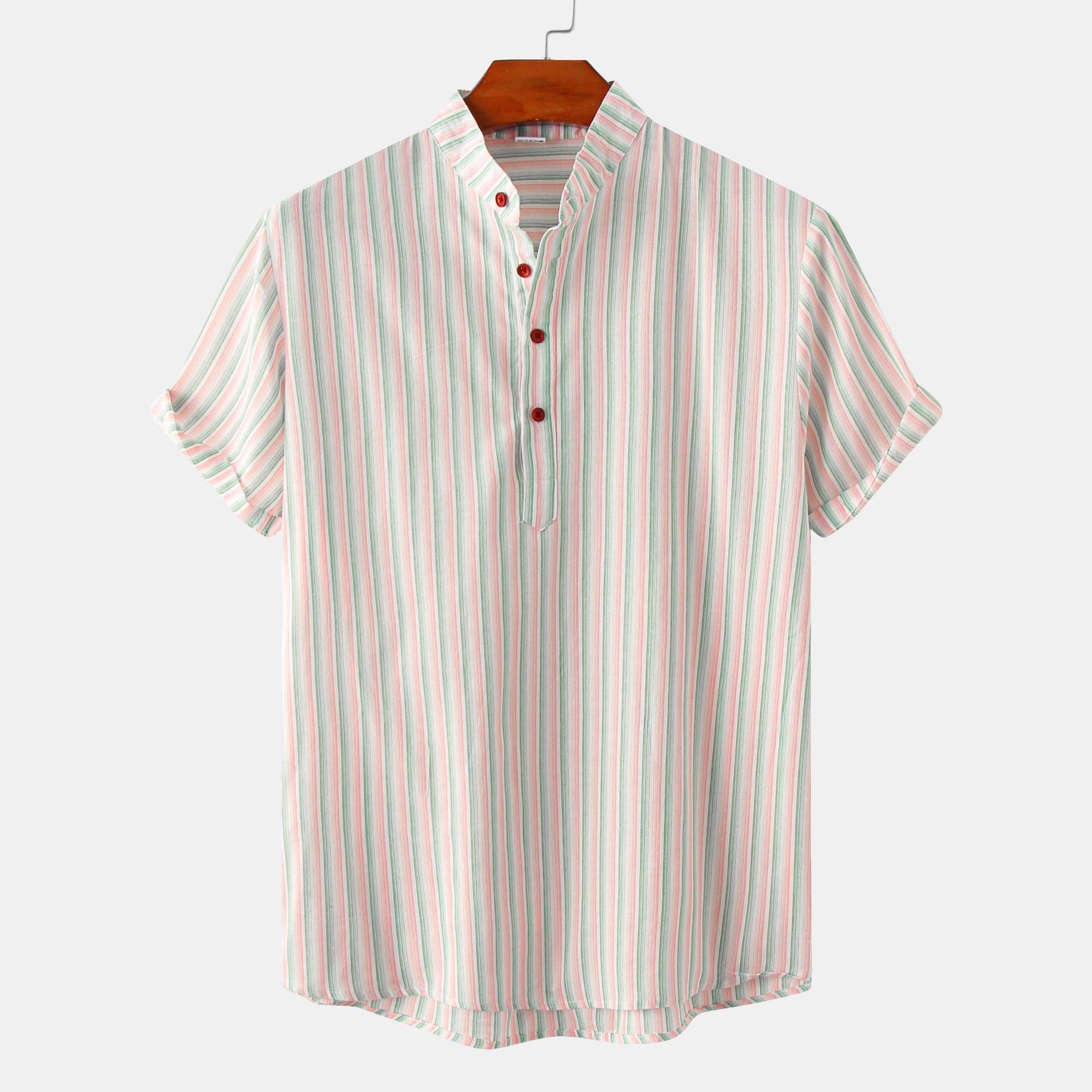 Striped Printed Stand Collar Short Sleeve Shirt Men