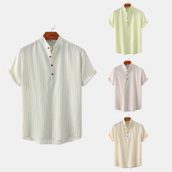 Striped Printed Stand Collar Short Sleeve Shirt Men