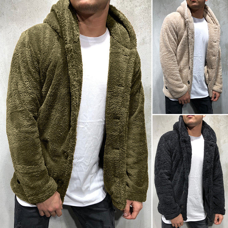 Winter Men's Hooded Solid Color fleece Jacket